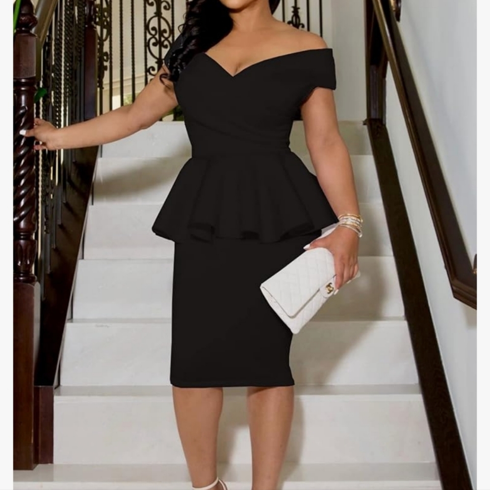 Women fashion peplum bodycon off shoulder wrap V Neck peplum ruffle pencil dress